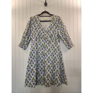 Melloday Women's Floral Cotton Mini Dress Blue White V-Neck Smocked Sleeve L